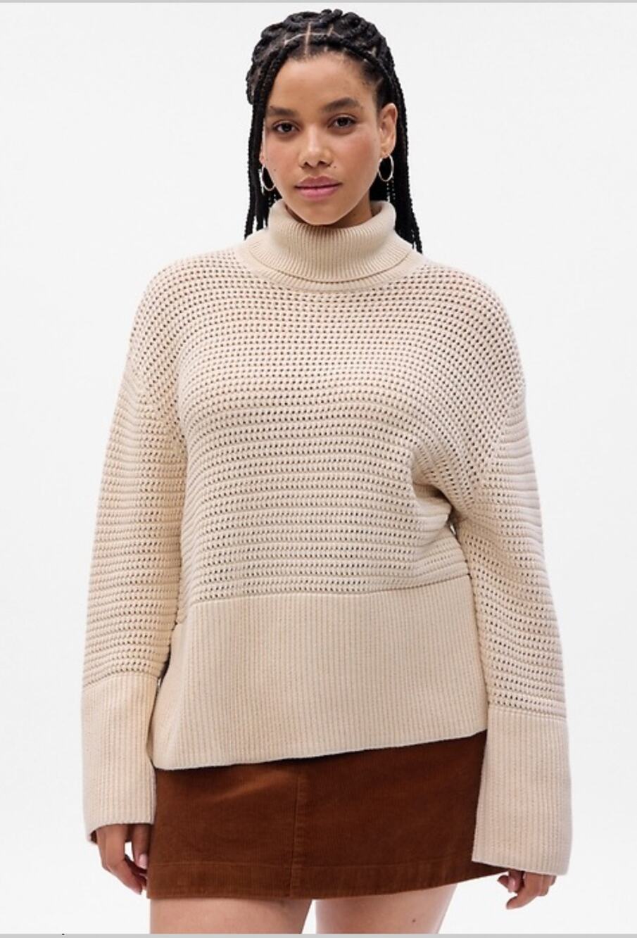 GAP 24/7 Split-Hem Crochet Sweater Turtleneck in Chino Beige 100% Cotton XS
